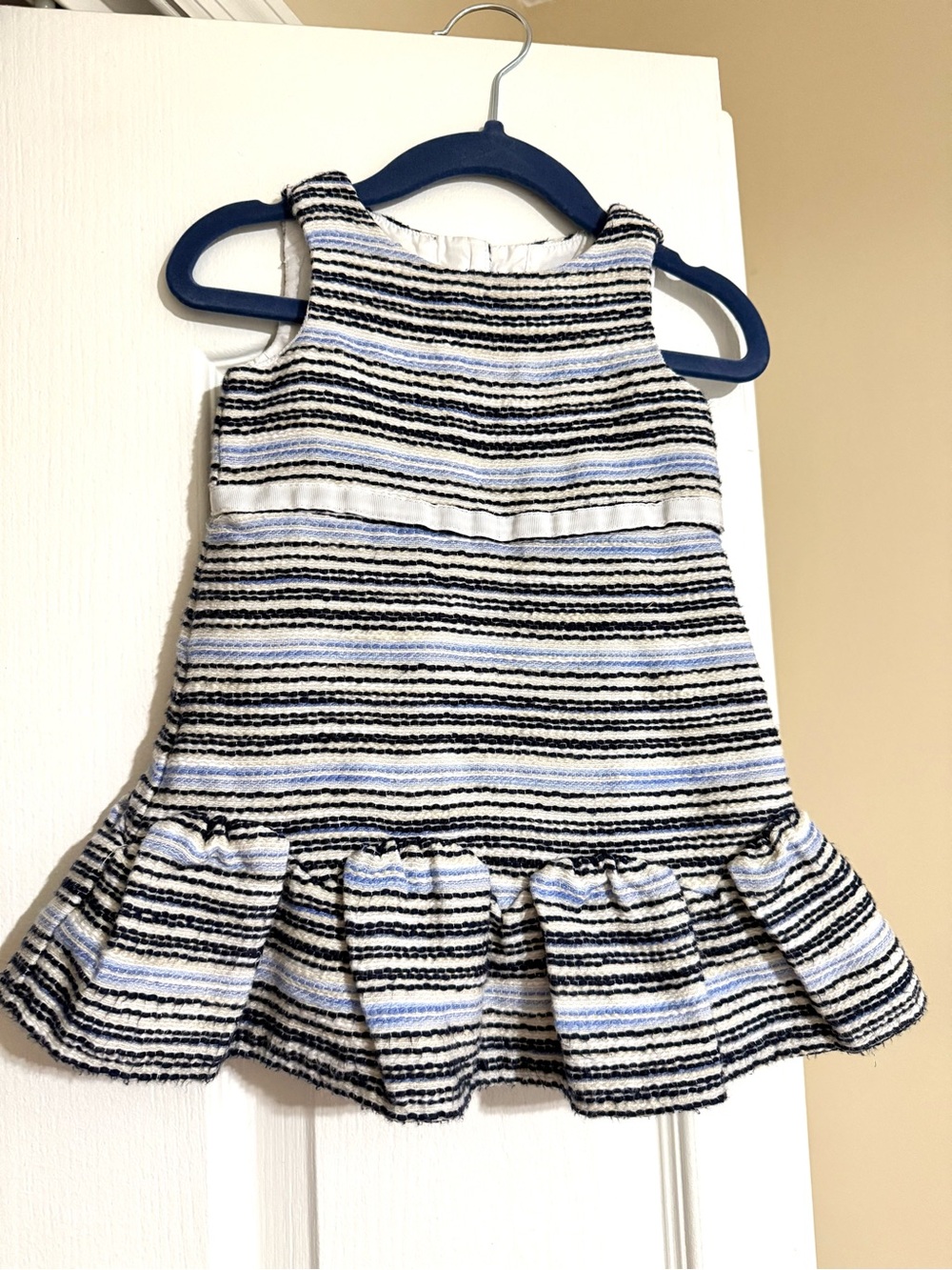 Janie and Jack Girls Striped Ruffle Hem Dress in White, Navy & Light Blue